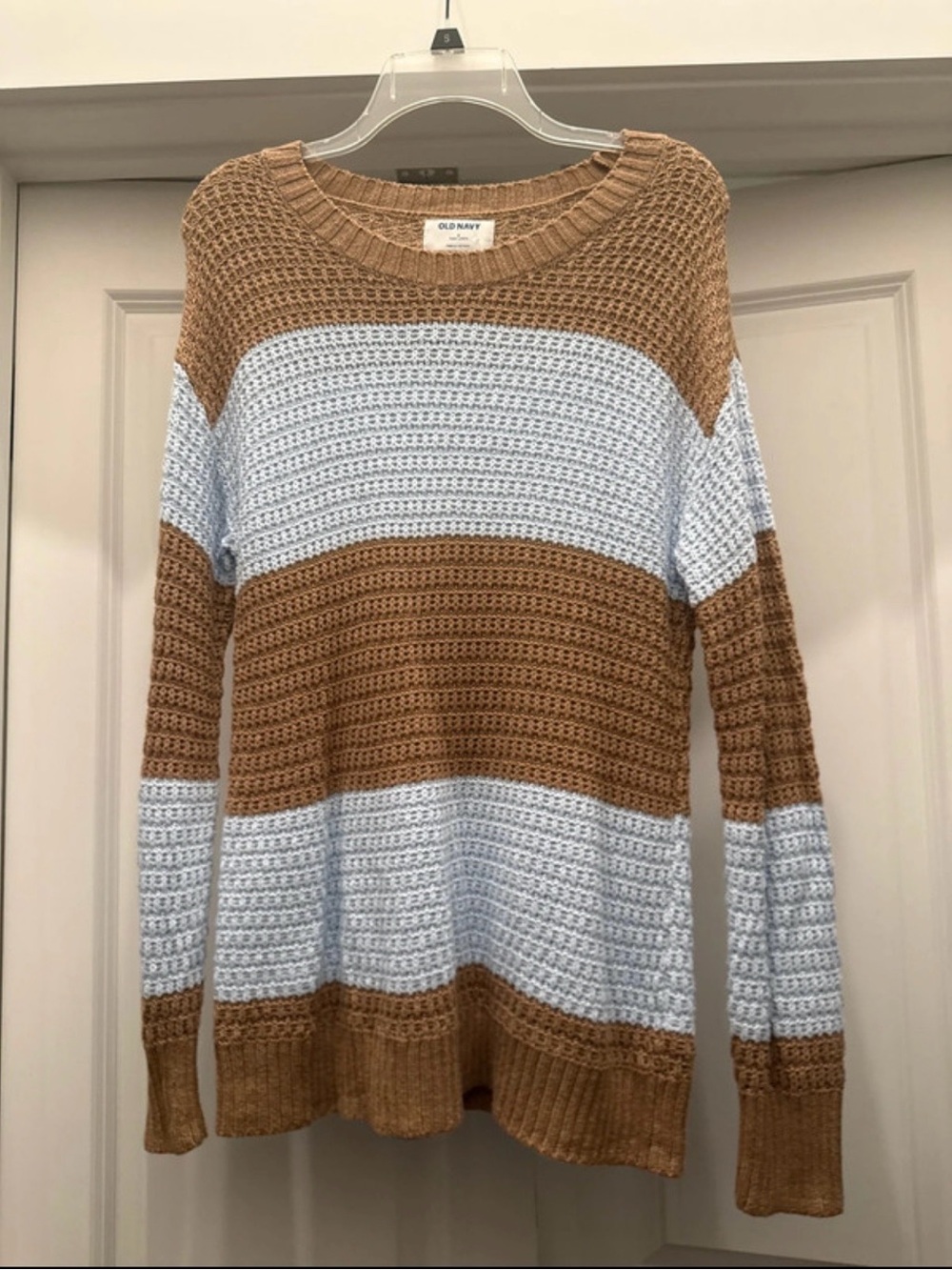 Old Navy Striped Waffle Knit Crewneck Sweater in Light Blue & Brown
